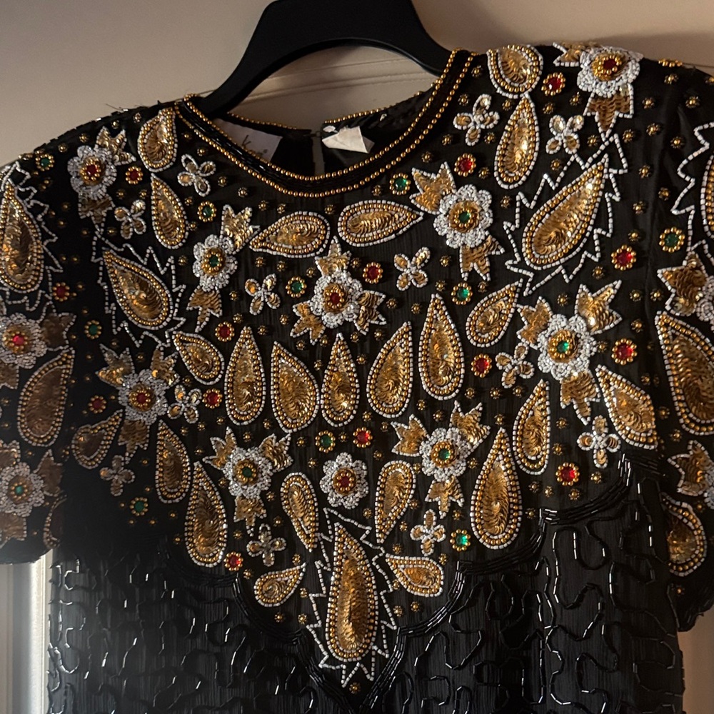 Embellished Black Beaded Short Sleeve Top